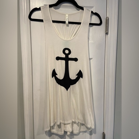 Rachel Kate Size L Cream Aqua Blue Racerback Flowy A Line Tank Top Anchor Print - Picture 1 of 10